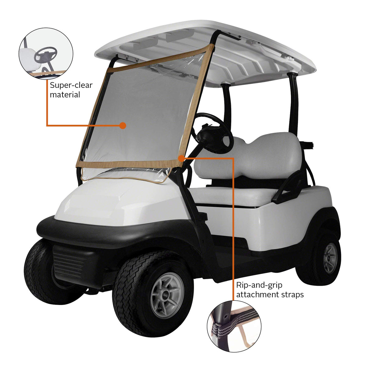 Tool-free installation of the Fairway Deluxe Windshield on a golf cart