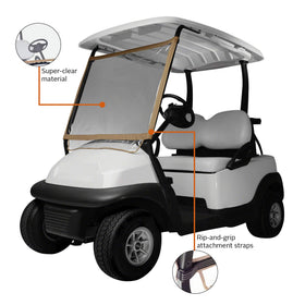 Tool-free installation of the Fairway Deluxe Windshield on a golf cart