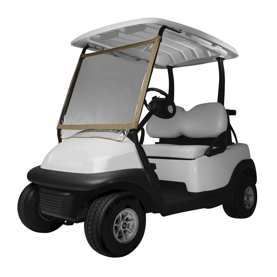 Classic Accessories Fairway Deluxe Windshield mounted on a cart for wind and rain protection on course