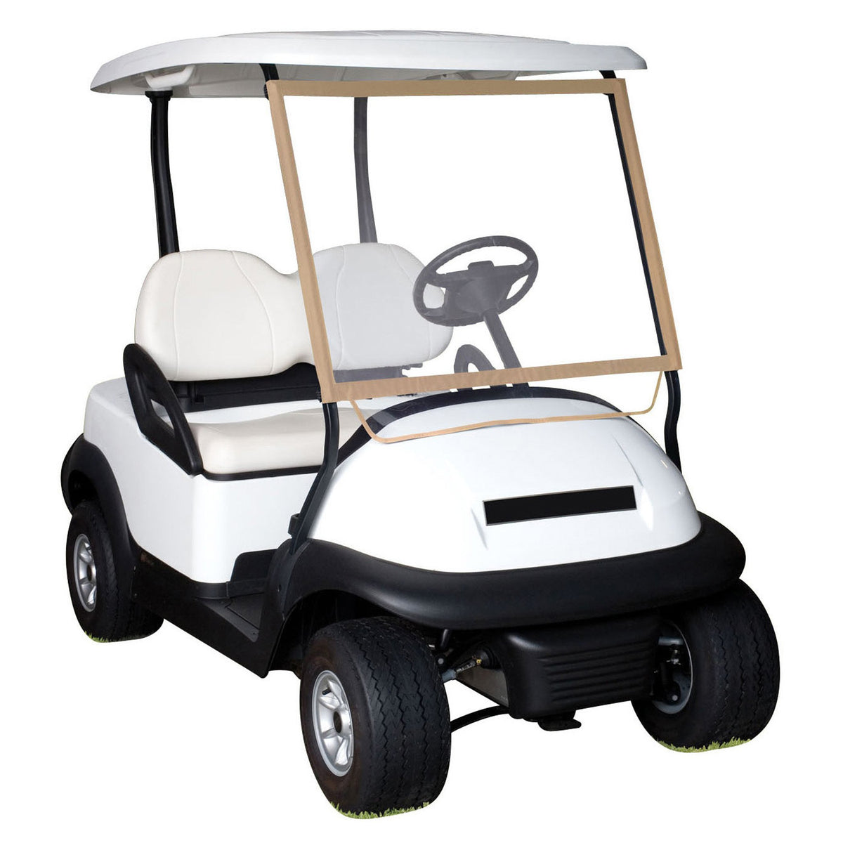 Rip-and-grip straps securing the Fairway Deluxe Windshield to the cart