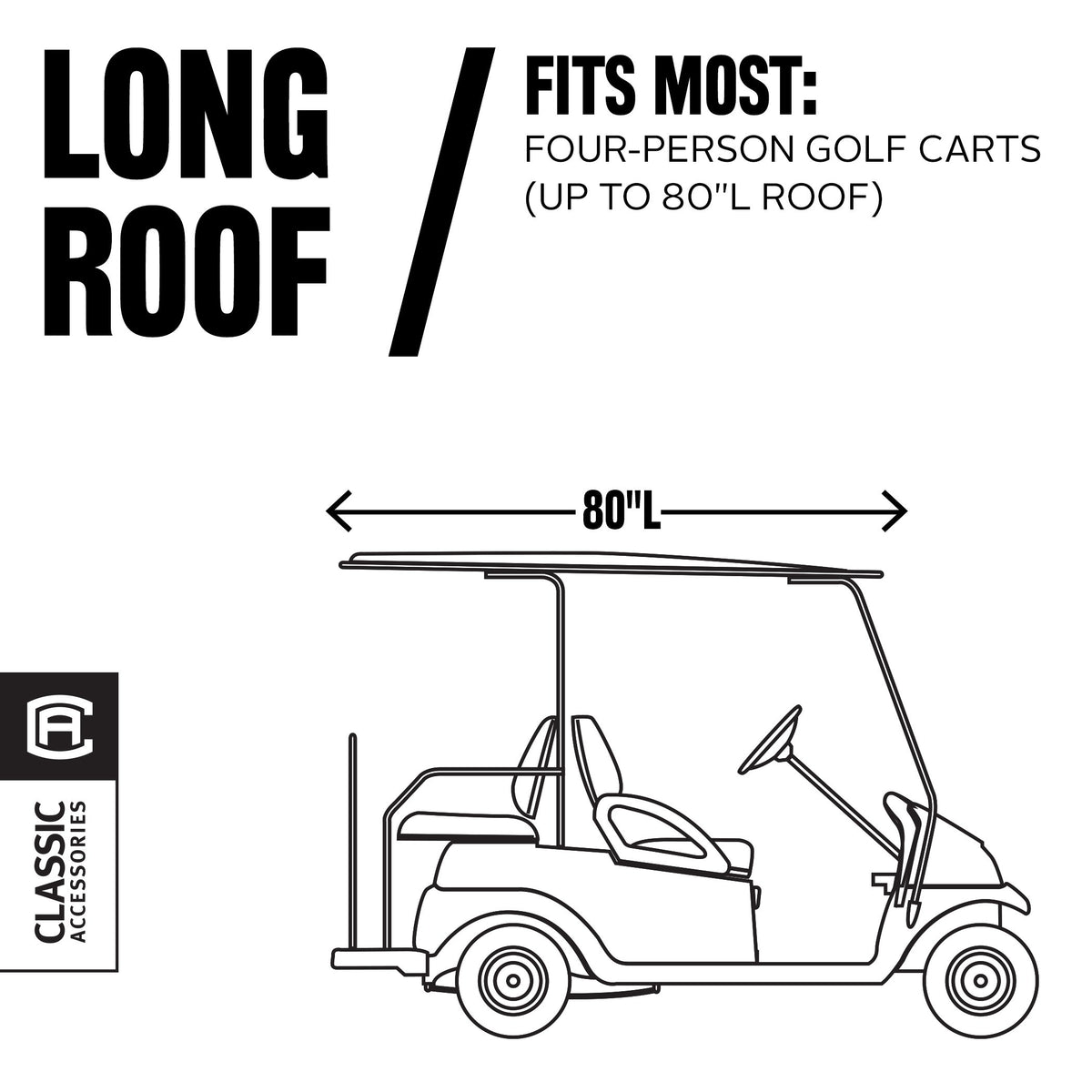 Classic Accessories Fairway Long Roof 4-Person cover side view on cart