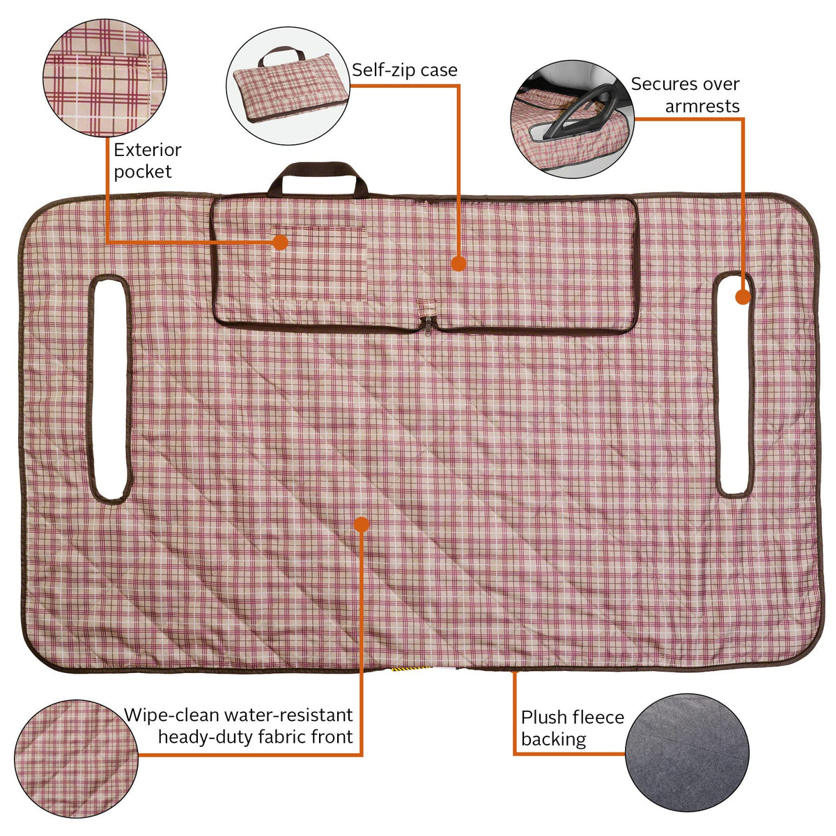 Classic Accessories Fairway Seat Blanket exterior pocket offers embroidery area for personalization.