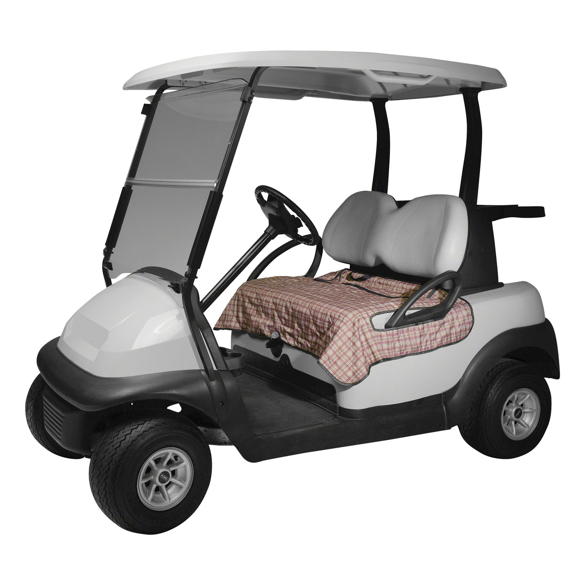 Classic Accessories Fairway Seat Blanket on a golf cart, protection against heat and spills.