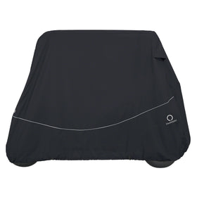 Classic Accessories Fairway Short Roof 2-Person cover shields cart from sun and dirt.