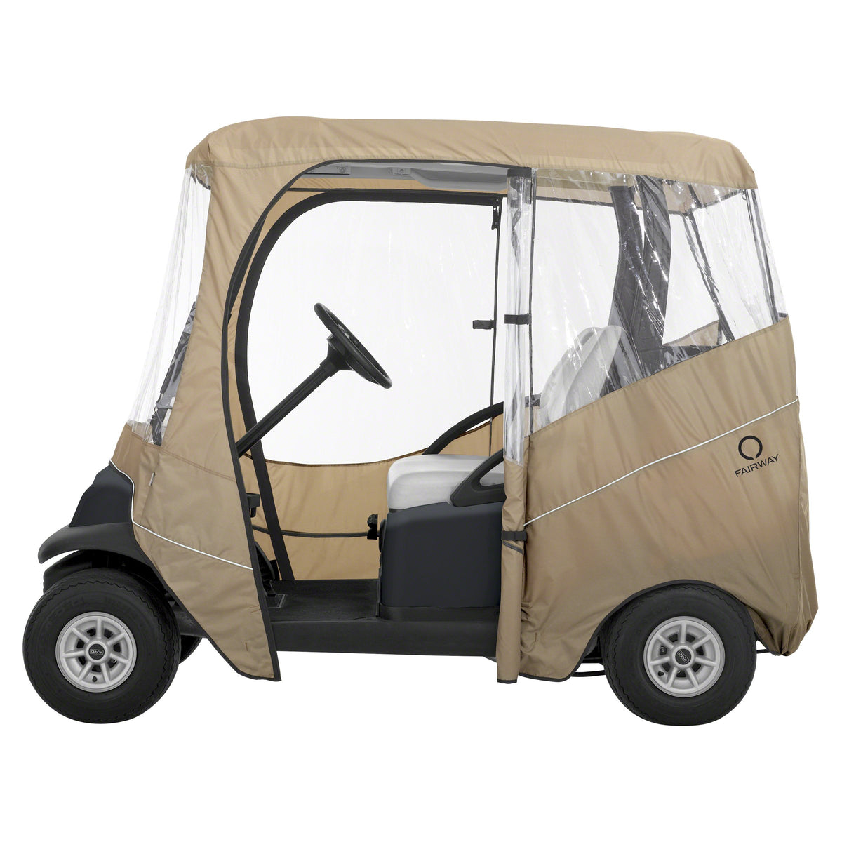 Classic Accessories Fairway enclosure bottom hooks secure over the roof.