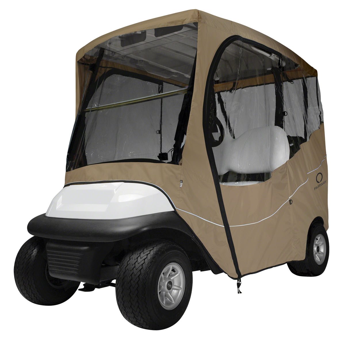 Classic Accessories Fairway 2-Person Enclosure front view protects carts from wind and rain.