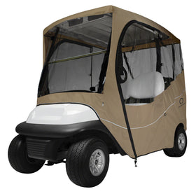 Classic Accessories Fairway 2-Person Enclosure front view protects carts from wind and rain.