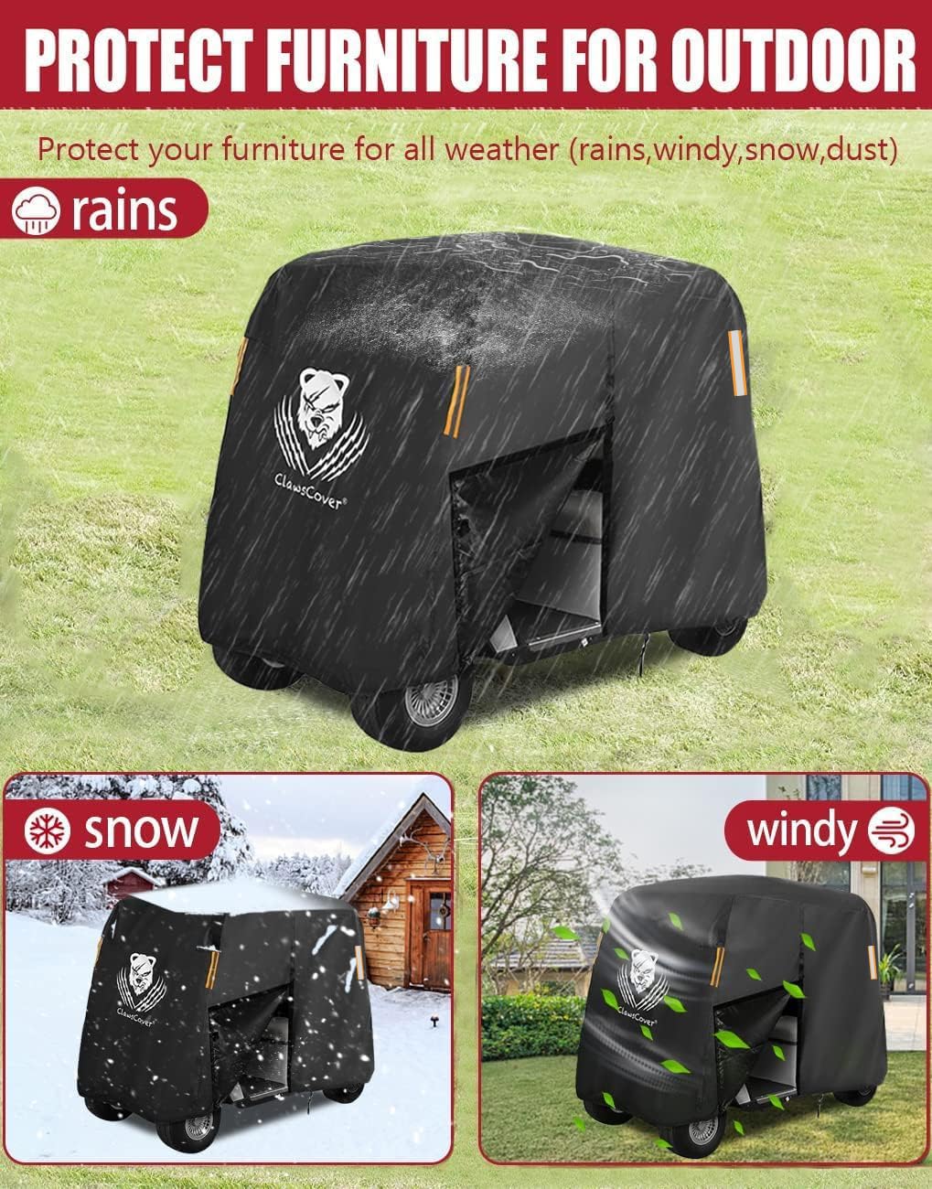 ClawsCover dimensions 112 by 48 by 73 inches for 4-seat carts