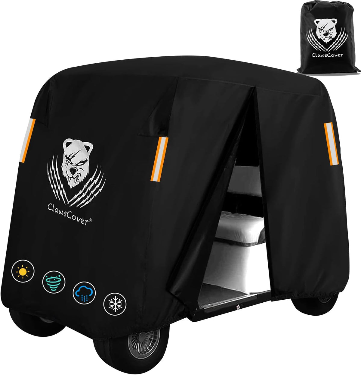 ClawsCover golf cart cover front view with universal 6-passenger fit.