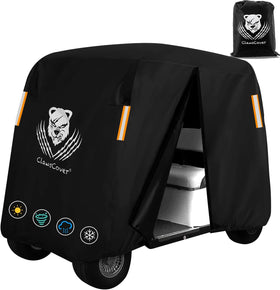 ClawsCover golf cart cover front view with universal 6-passenger fit.