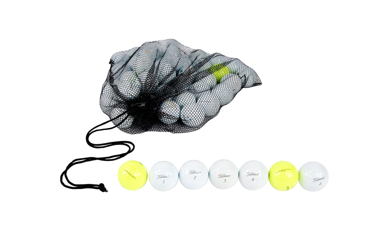 Clean Green Golf Balls white and yellow mix in a reusable mesh bag for practice.