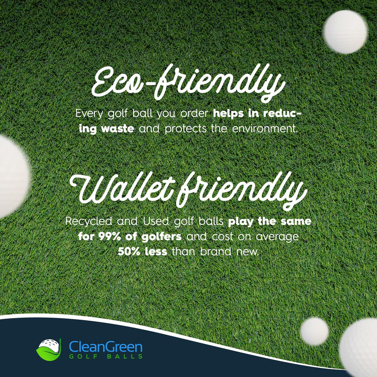 Clean Green Golf Balls on-course play pack shows easy restock and mixed models.