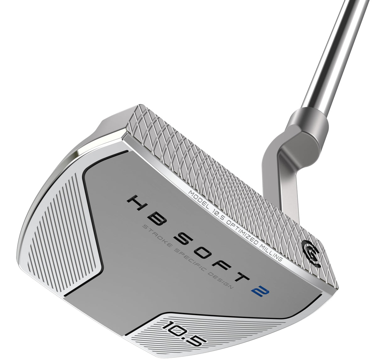 Cleveland Golf HB Soft 2 putter face close-up showing speed grooves for consistent ball speed.