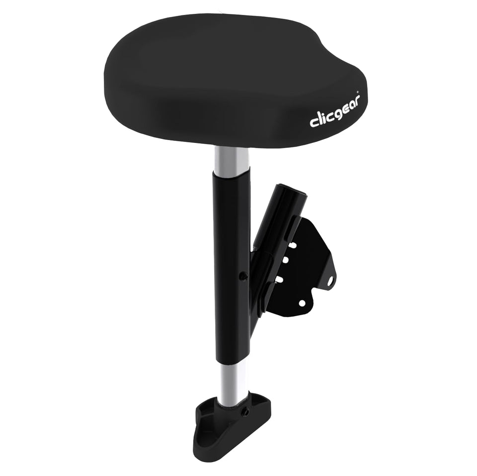 Clicgear Seat attached to a 3-wheel cart for quick resting on the course.