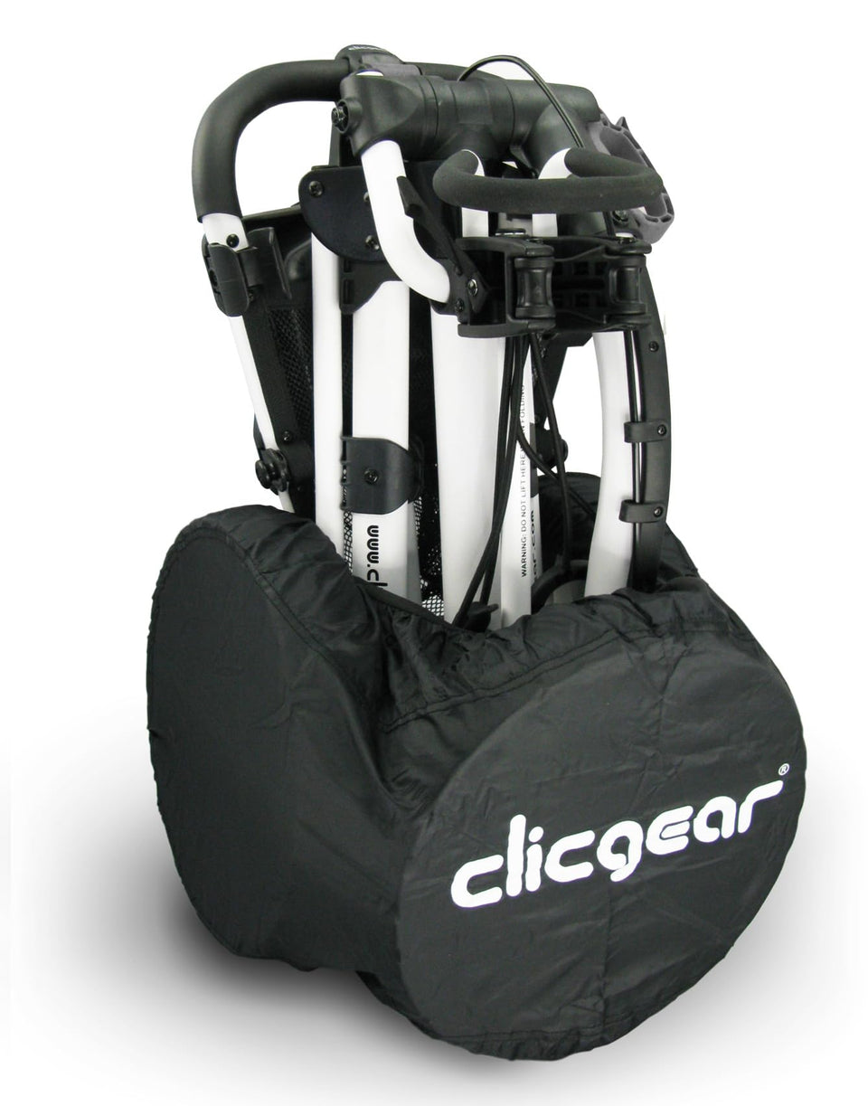 Clicgear wheel cover on a three-wheel cart protects wheels during transport and storage