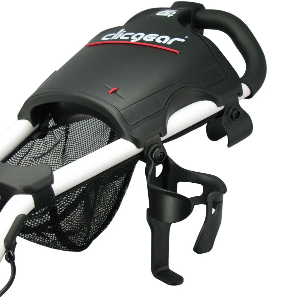 Side-mount cup holder on a Clicgear cart showing secure attachment