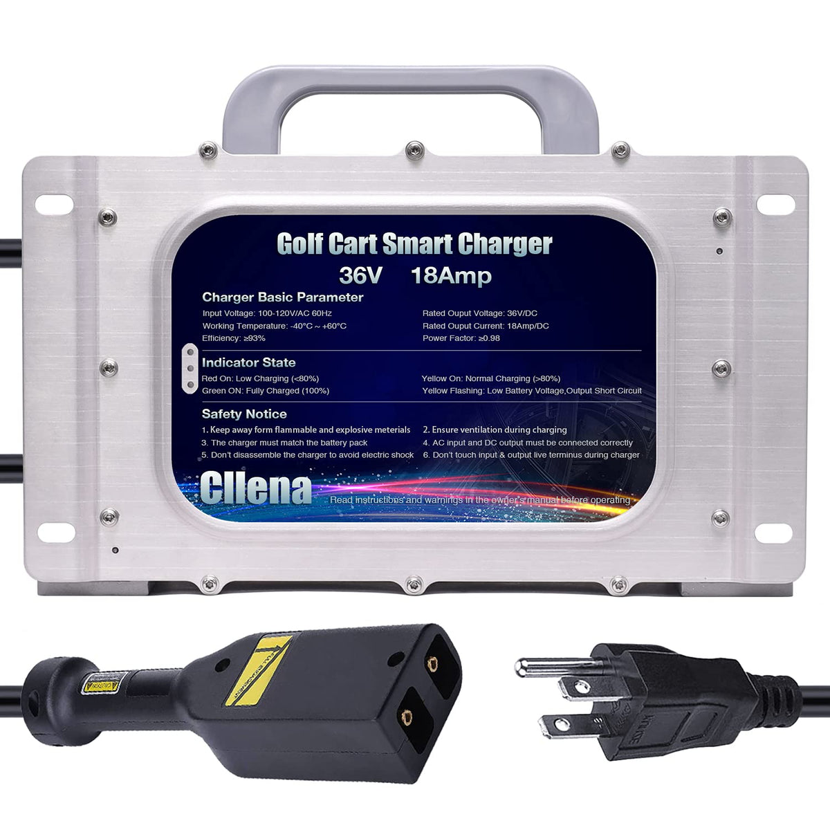 Cllena 18A EZGO TXT charger, front view, enables quick plug-and-go charging