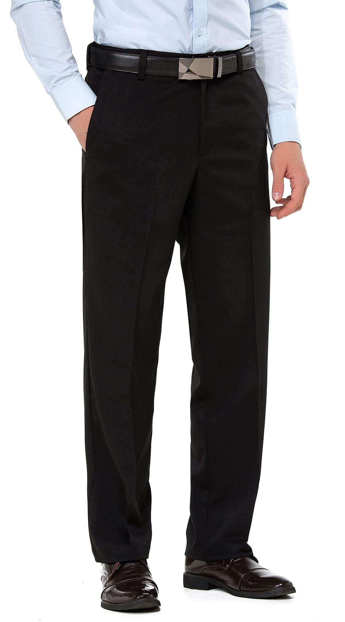 clothin men's expandable waist flat front golf pants front view shows adjustable waistband for comfort