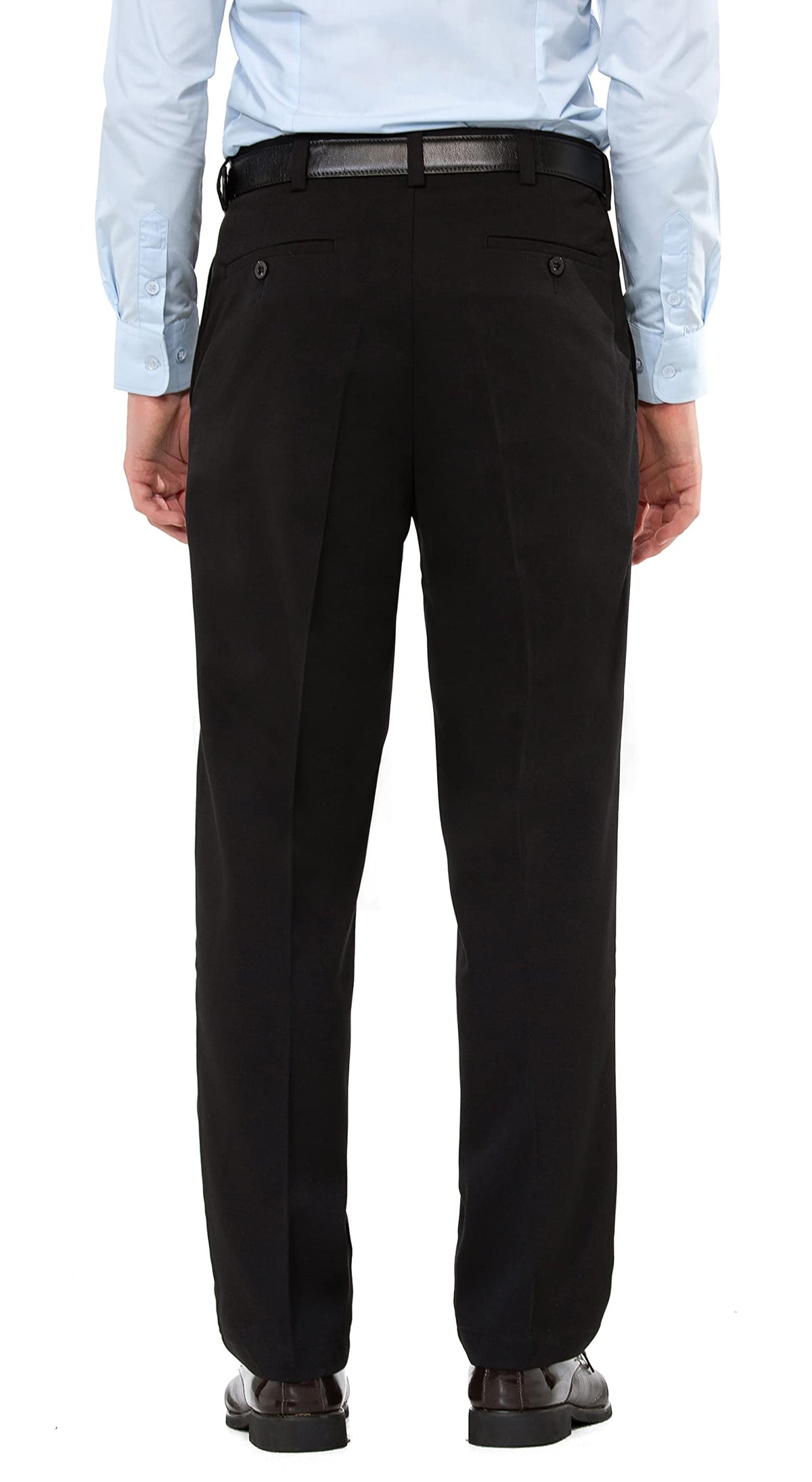 clothin men's expandable waist flat front golf pants waistband extended close-up highlighting fit flexibility