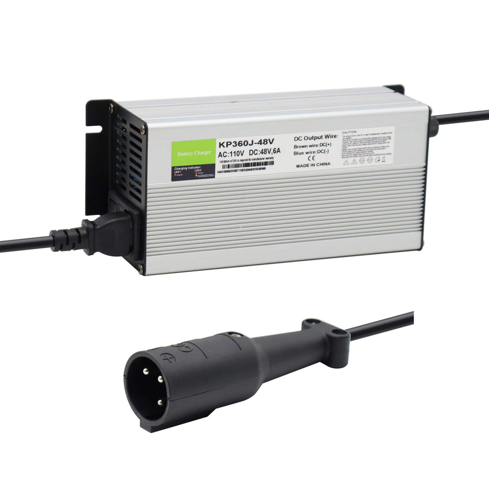 Club Car 48V 6A charger with plug and LED indicators ready for use