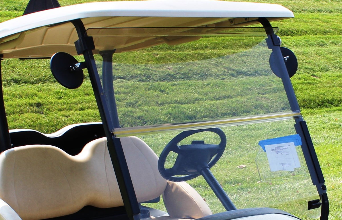 Club Car 6in glass spot mirrors offer broader rear view for confident maneuvers.