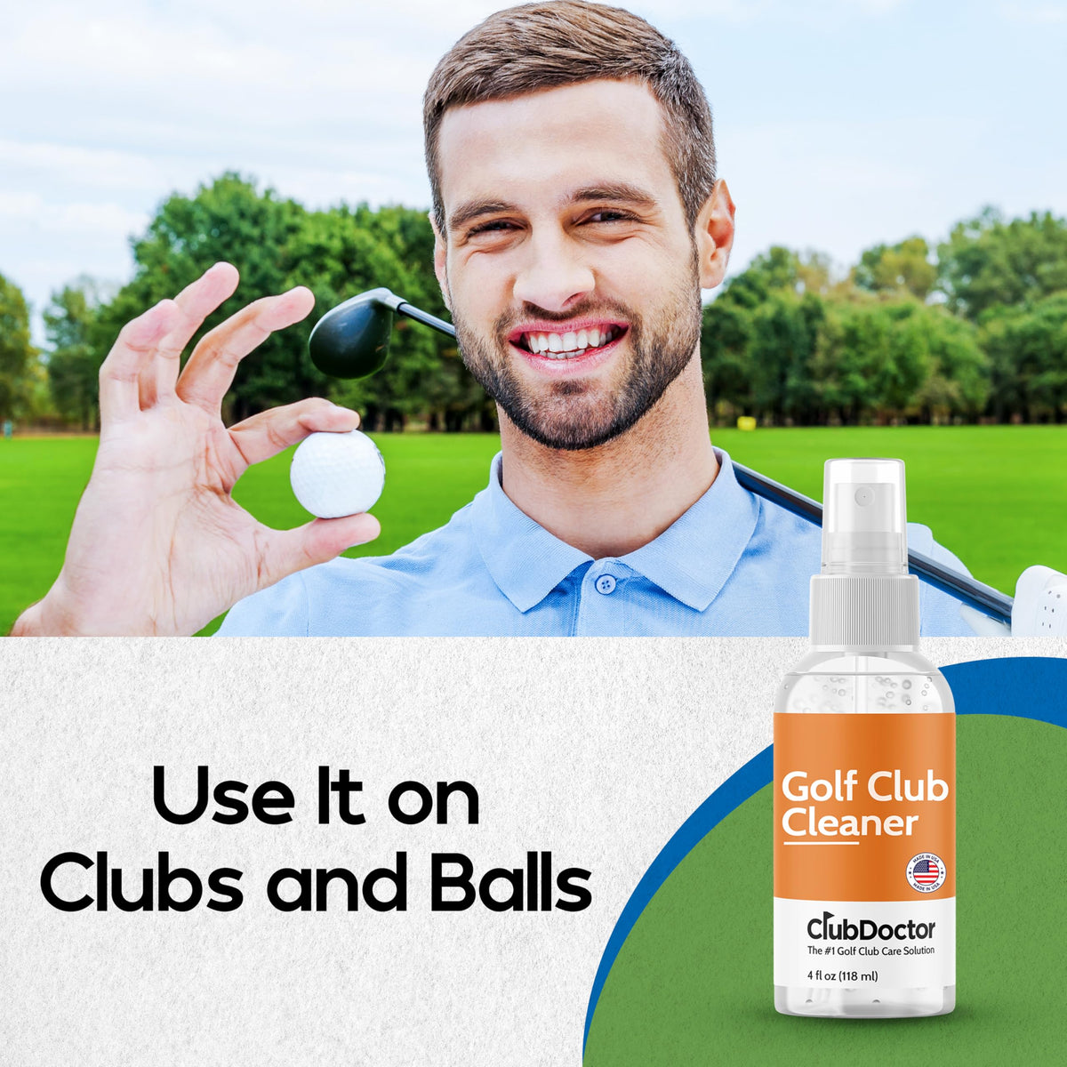 Club Doctor Golf Club Cleaner Spray attaches to your bag via nylon tether.