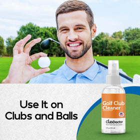 Club Doctor Golf Club Cleaner Spray attaches to your bag via nylon tether.