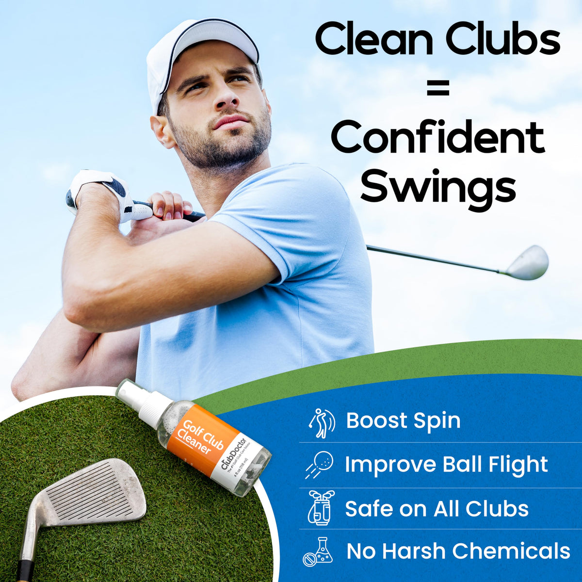 Club Doctor Golf Club Cleaner Spray keeps balls clean for smoother flight.