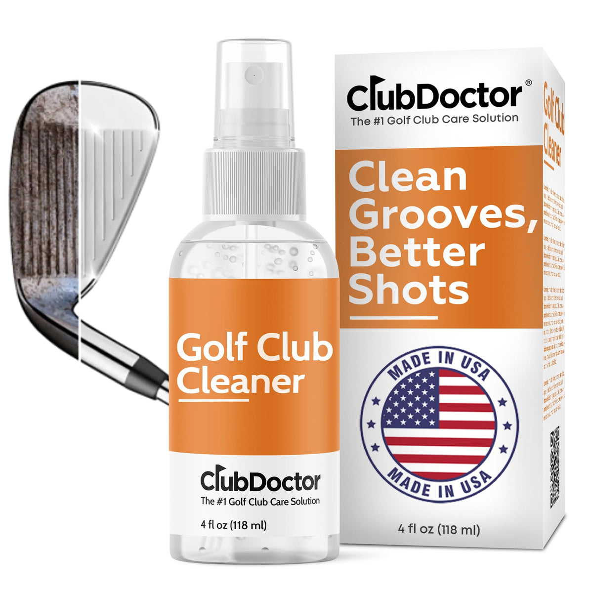 Club Doctor Golf Club Cleaner Spray targets the club face to reveal cleaner grooves.