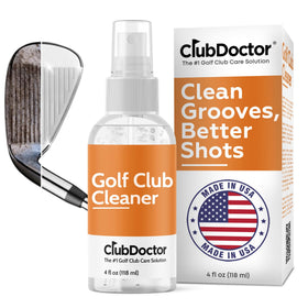 Club Doctor Golf Club Cleaner Spray targets the club face to reveal cleaner grooves.