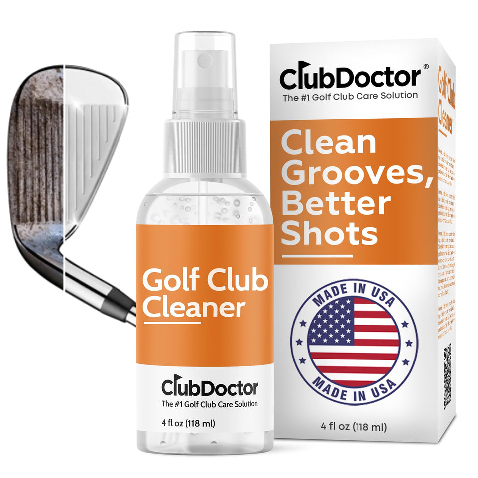 Club Doctor Golf Club Cleaner Spray targets the club face to reveal cleaner grooves.