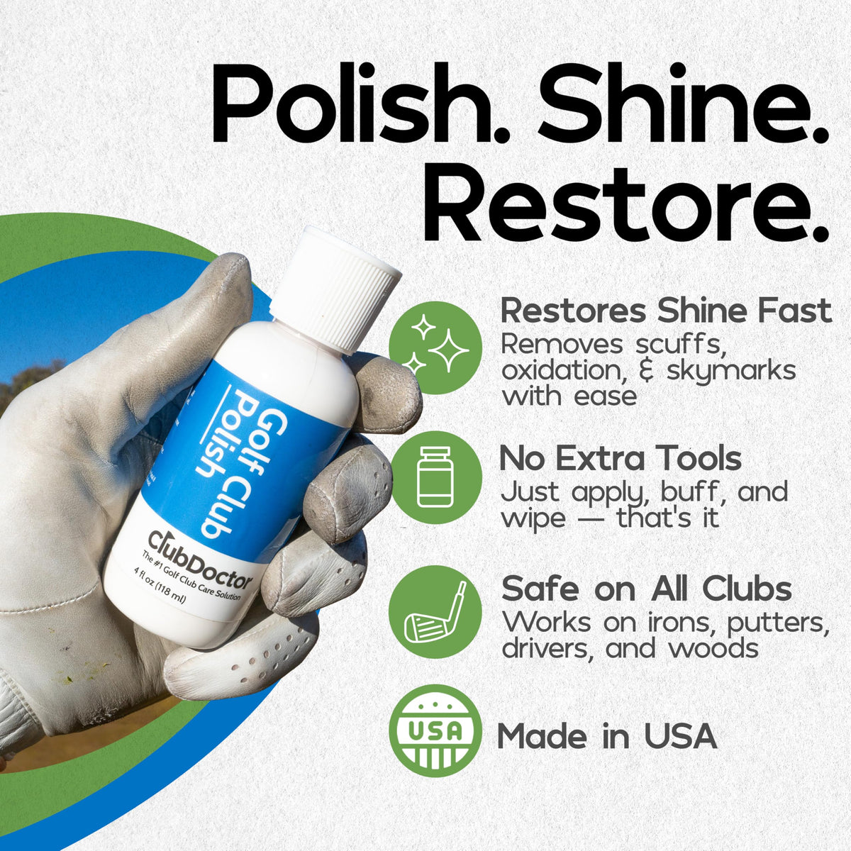 Club Doctor Golf Club Polish application wipe reveals deeper cleaning.