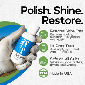 Club Doctor Golf Club Polish application wipe reveals deeper cleaning.