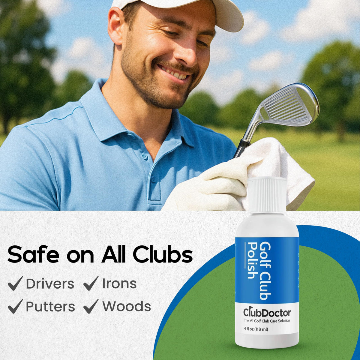 Club Doctor Golf Club Polish works on driver faces, irons, putters, and woods.