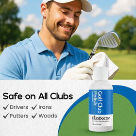 Club Doctor Golf Club Polish works on driver faces, irons, putters, and woods.