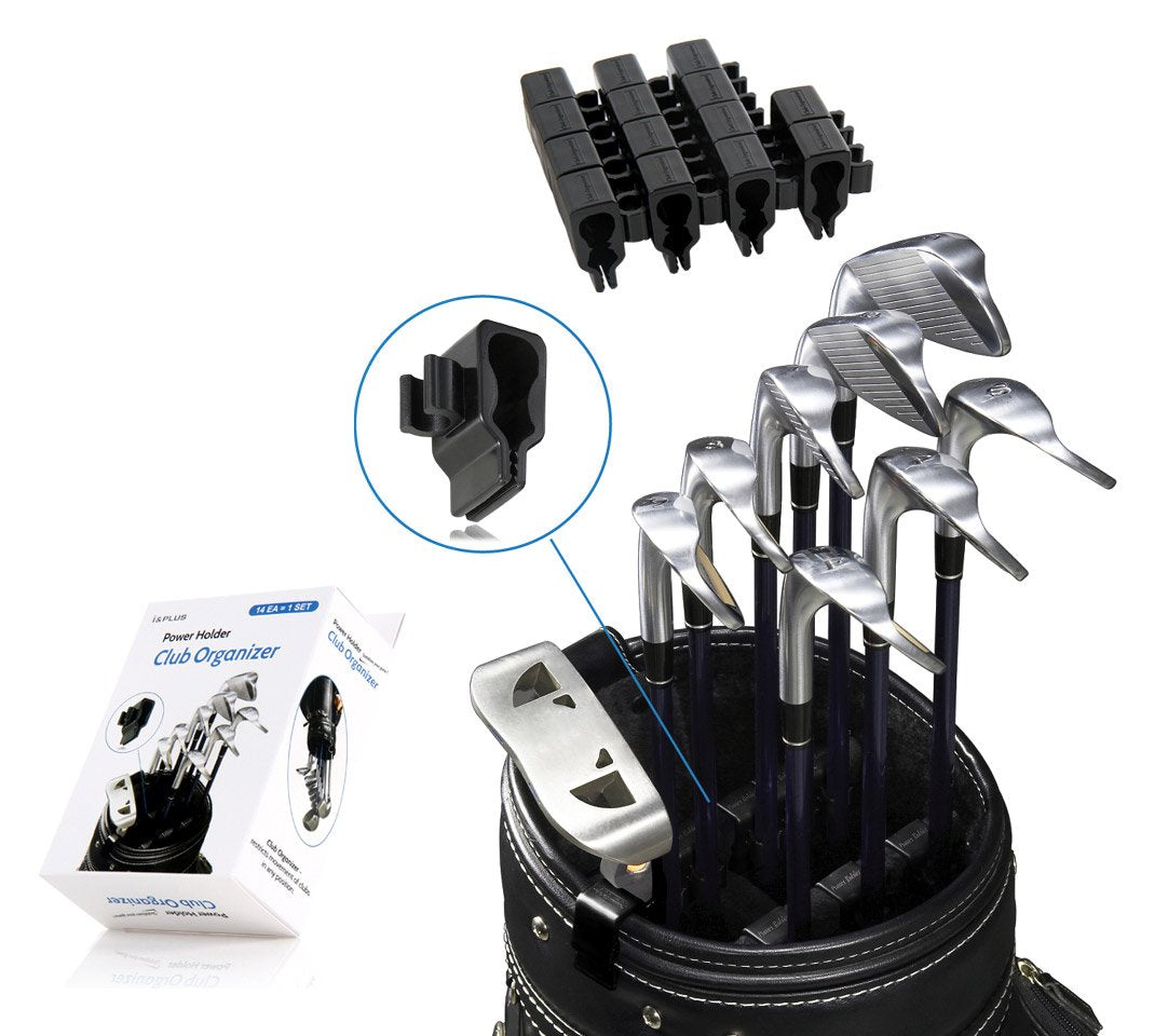 Club Organizer clip power holder in bag keeps golf clubs neatly aligned.