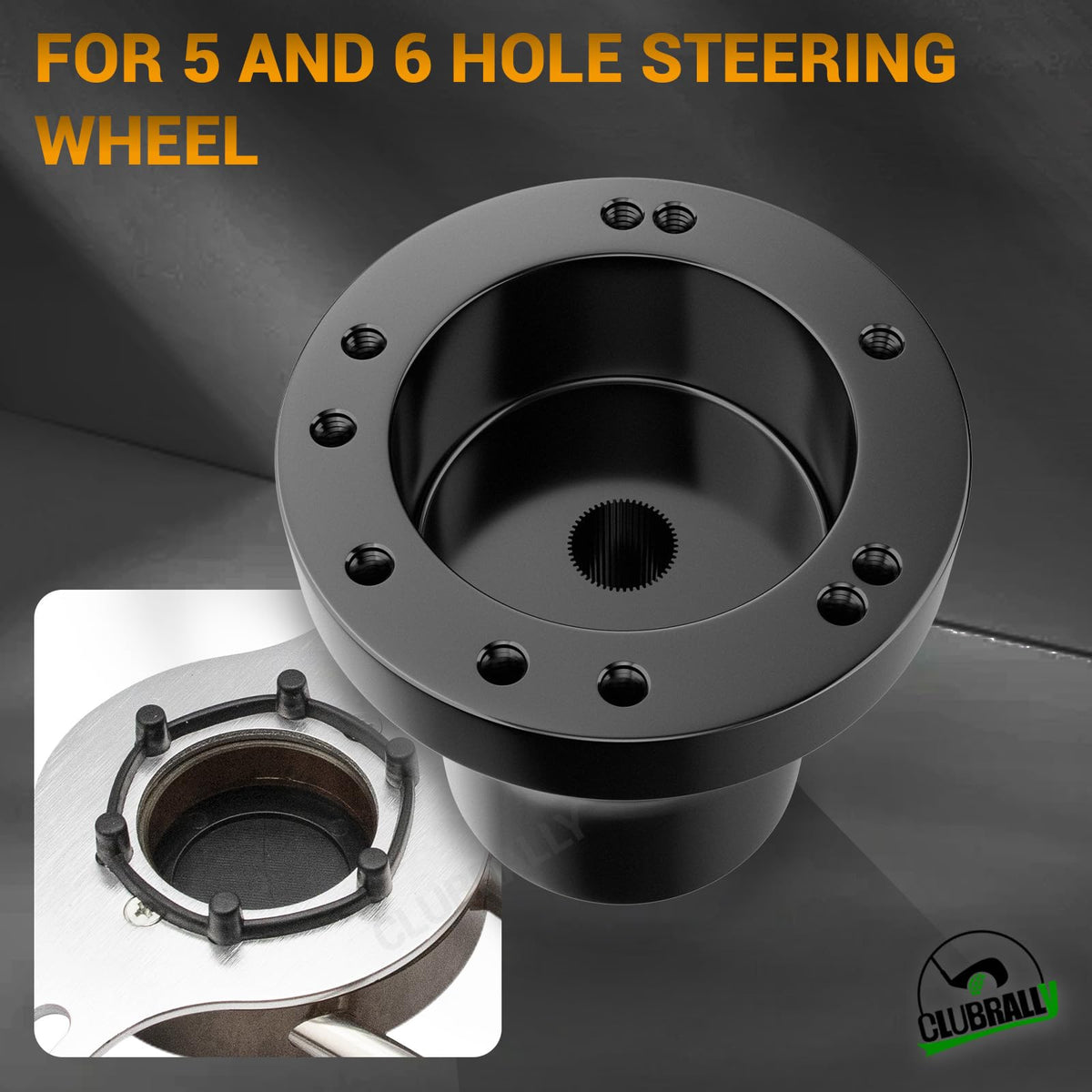 CLUBRALLY aluminum steering wheel adapter shown with durable finish.