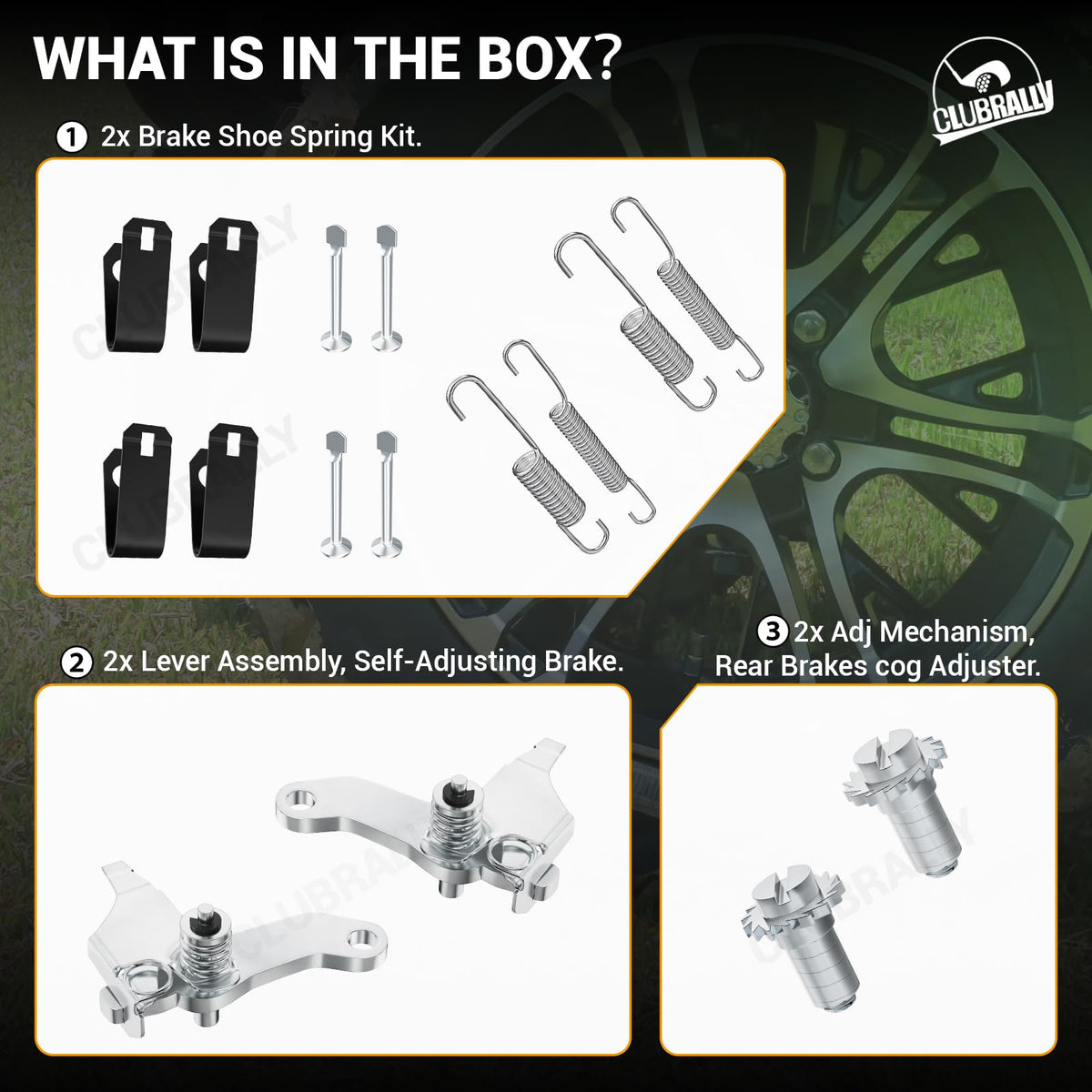 CLUBRALLY brake shoe spring kit packaging showcasing OEM compatibility