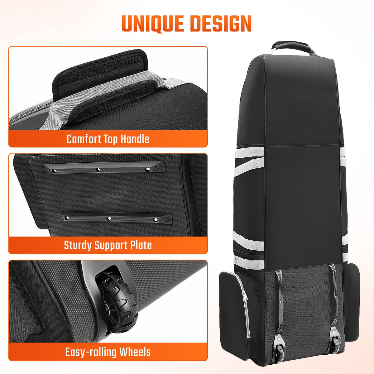 CLUBRALLY buckle straps securing the bag during transit and handling.