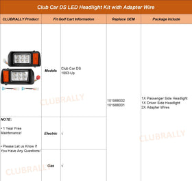 Packaging shows OEM-inspired components for Club Car DS headlights.