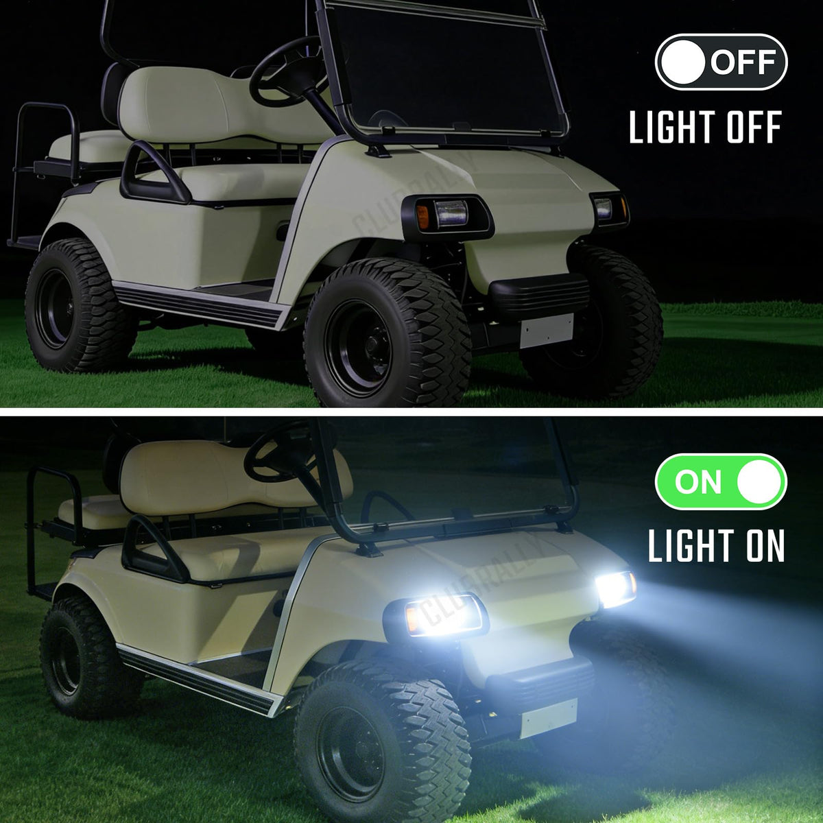 Front view of CLUBRALLY LED headlight kit on Club Car DS.