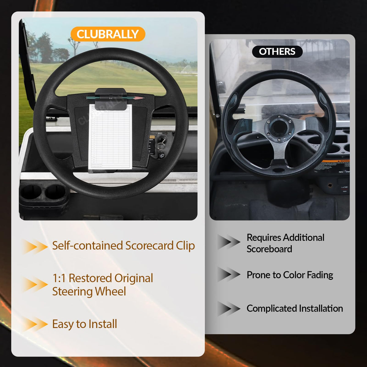 CLUBRALLY Club Car DS steering wheel anti-slip surface supports precise handling.