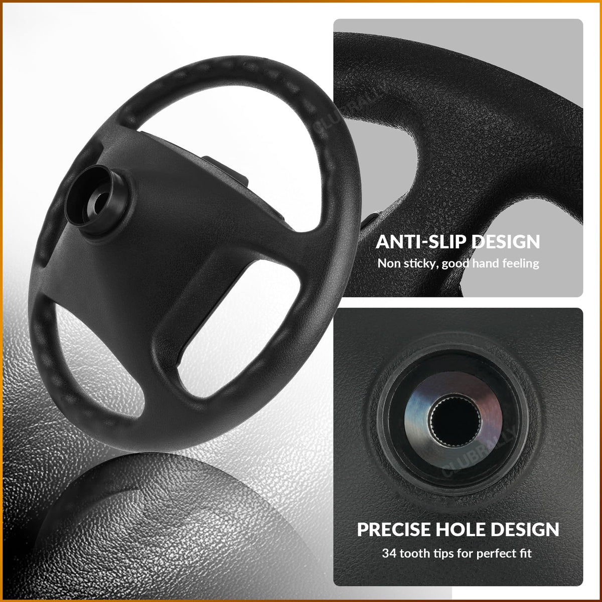 CLUBRALLY Club Car DS steering wheel closeup carbon fiber highlights durable, non-slip surface.