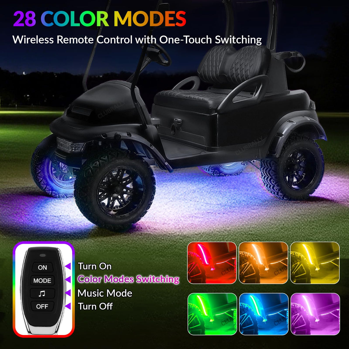 ClubRally ClubCar underglow strip illuminates paths with flexible mounting.