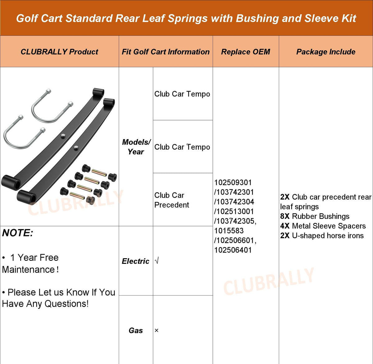 Compatibility notes show CLUBRALLY fits Precedent, Tempo, and Onward electric models