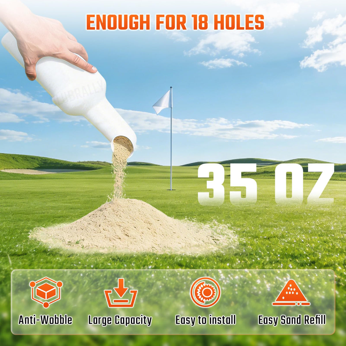 ClubRally divot filler with curved neck design prevents rainwater entry during rounds.