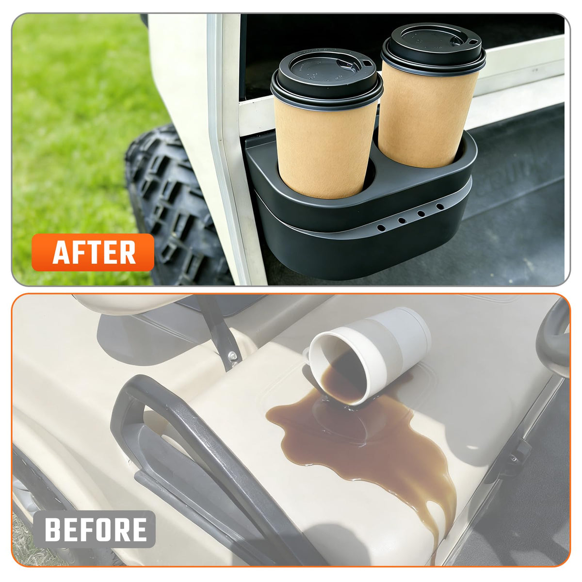 ClubRALLY DS cup holders installed on a golf cart for convenient sipping.