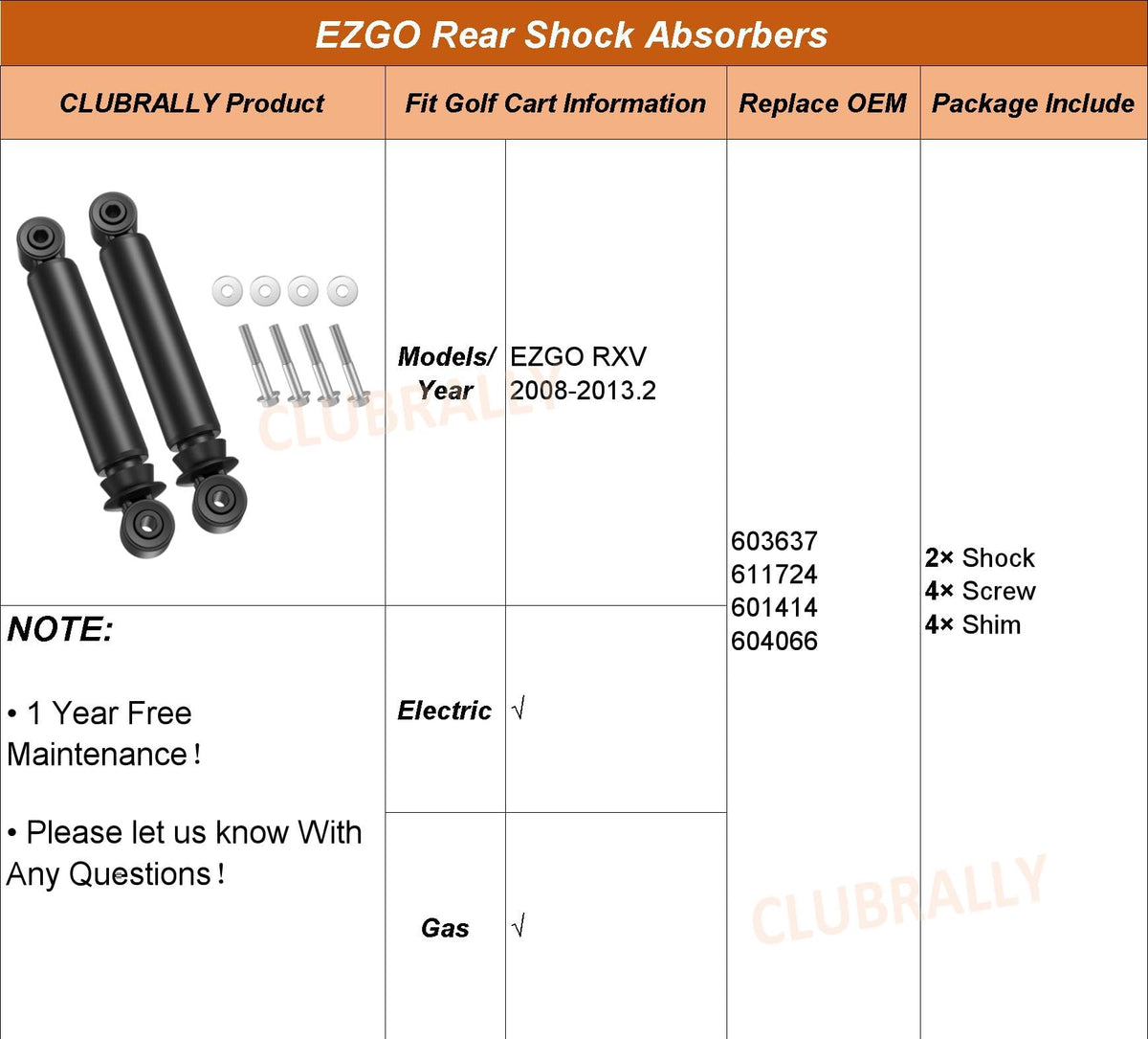CLUBRALLY durable materials for EZGO RXV rear shocks withstands daily use