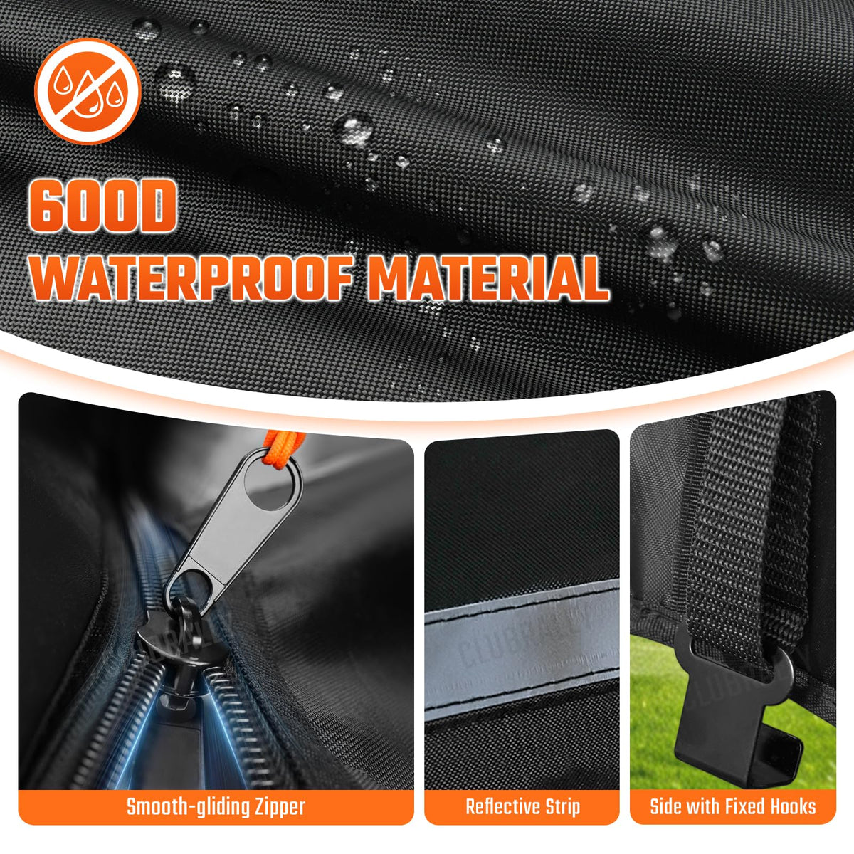 CLUBRALLY enclosure with four-sided clear zipper doors for easy entry