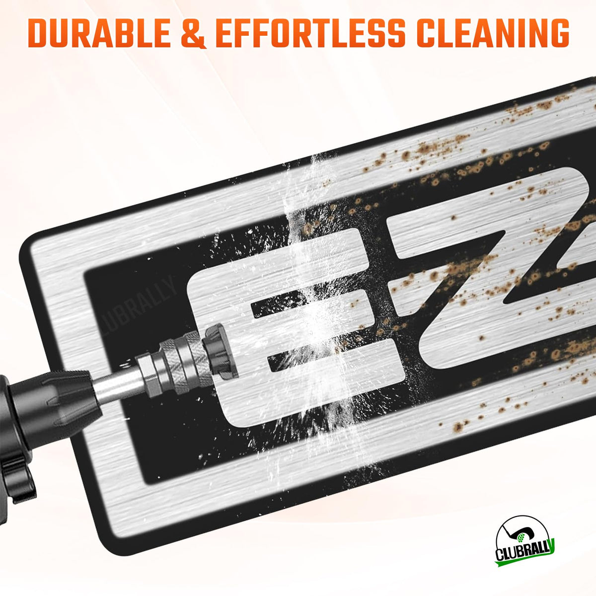 Close-up of CLUBRALLY EZGO 3D silver logo emblem on front plate.